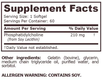 Pure Nutrition PHOSPHATIDYL CHOLINE 210 мг Фосфатидилхолин - 60 гел капсули, 60 дози