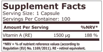 Pure Nutrition Витамин A 5000 IU (1500 мкг) - 100 капсули, 100 дози