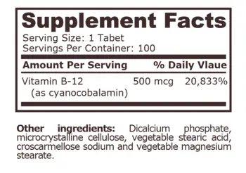 Pure Nutrition VITAMIN B-12 CYANOCOBALAMIN 500 мкг Витамин B-12 - 100 таблетки, 100 дози