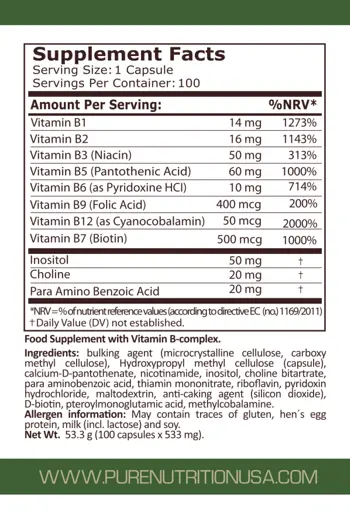 Pure Nutrition VITAMIN B-COMPLEX Витамин B-Комплекс - 100 капсули, 100 дози