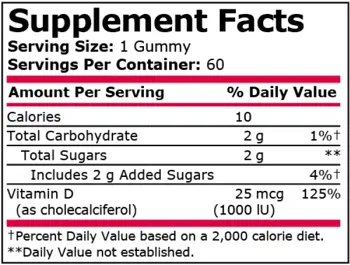 Pure Nutrition VITAMIN D-3 1000 IU PEACH, MIXED BERRY & STRAWBERRY Витамин D3  - 60 гумени бонбони, 60 дози