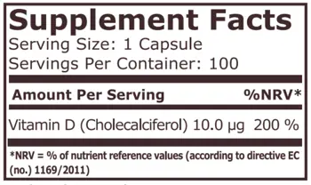 Pure Nutrition Vitamin D3 400 IU (10 мкг) Витамин D3 - 100 капсули, 100 дози