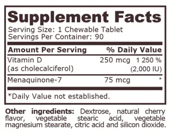 Pure Nutrition VITAMIN D-3 WITH K-2 Витамин D-3 + Витамин К-2 - 90 таблетки, 90 дози