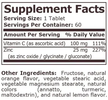 Pure Nutrition ZINC + VITAMIN C ORANGE FLAVORED Витамин C + Цинк с Вкус на Портокал - 60 разтворими таблетки, 60 дози