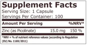 Pure Nutrition ZINC PICOLINATE 15 мг Цинк Пиколинат - 100 капсули, 100 дози