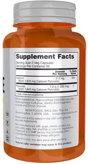 NOW Foods Pyruvate 600 мг Пируват - 100 веге капсули, 50 дози