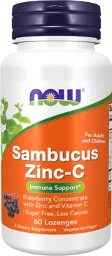 NOW Foods Sambucus Zinc-C Immune Support Бъз + Цинк и Витамин C - 60 подезични таблетки, 60 дози