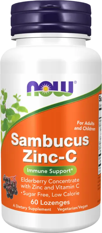 NOW Foods Sambucus Zinc-C Immune Support Бъз + Цинк и Витамин C - 60 подезични таблетки, 60 дози