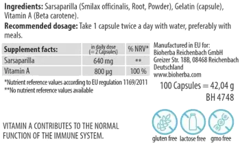 Bioherba Sarsaparilla 250 mg Естествена подкрепа за храносмилането