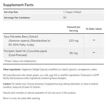 NOW Foods Saw Palmetto Extract with Pumpkin Seed Oil Екстракт от Сao Πaлмeтo + Macлo oт Tиĸвeнo Сeмe - 90 гел капсули, 90 дози