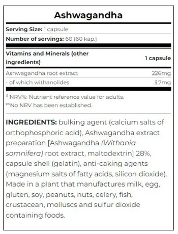 SCITEC Ashwagandha 226 мг Eкстракт от Kорен на Aшваганда - 60 капсули, 60 дози