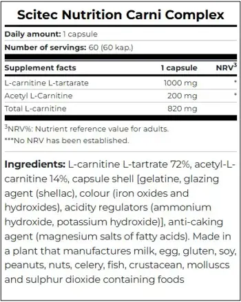 SCITEC Carni Complex 1200 мг Л-Карнитин Комплекс - 60 капсули, 60 дози