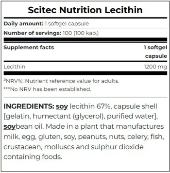 SCITEC Lecithin 1200 мг Соев Лецитин - 100 гел капсули, 100 дози