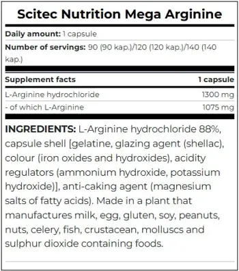 SCITEC Mega Arginine 1300 мг Мега Аргинин на Капсули - 140 капсули, 140 дози