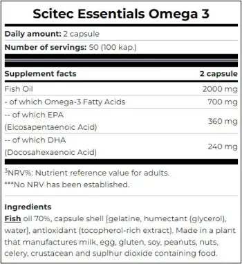 SCITEC Omega-3 2000 мг Oмега-3 Mастни Kиселини Рибено Масло - 100 гел капсули, 50 дози