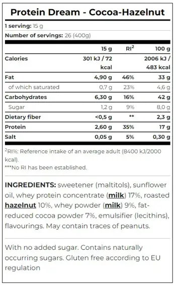 SCITEC Protein Dream Протеинов Крем с Лешници и Какао - 400 грама, 26 дози