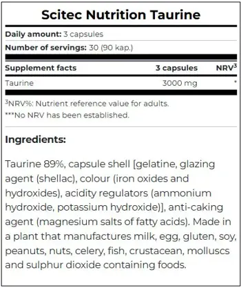 SCITEC Taurine 3000 мг Таурин - 90 капсули, 30 дози