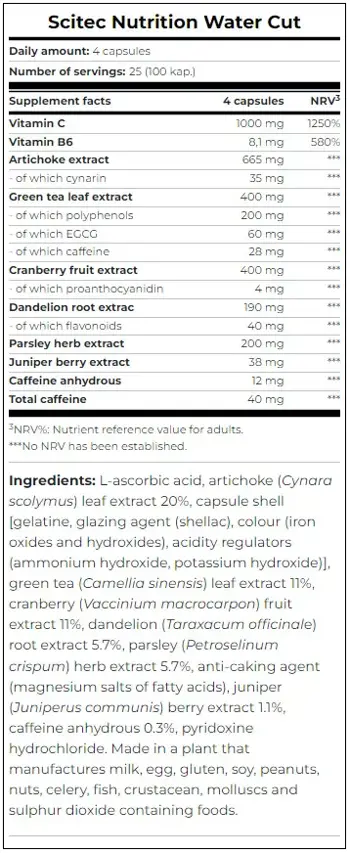 SCITEC Water Cut Формула за Загуба на Задържана Вода в Организма - 100 капсули, 25 дози