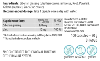 Bioherba Siberian Ginseng 170 mg Сибирски Женшен за енергия и имунитет