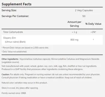 NOW Foods Slippery Elm 400 мг Хлъзгав Бряст - 100 веге капсули, 50 дози