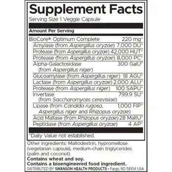 Swanson BioCor Optimum Enzymes Пълен спектър храносмилателни ензими х 90 капсули