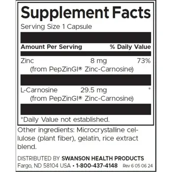 Swanson Zinc Carnosine Цинков Карнозин за здраве на стомаха х 60 капсули