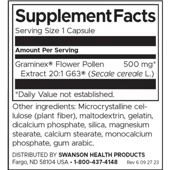 Swanson Graminex Flower Pollen Extract Максимална Сила за здравето на простатата и пикочните пътища х 60 капсули