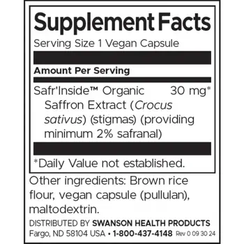 Swanson Saffron Extract Екстракт от шафран Safr'Inside™ В подкрепа на менталното и емоционалното здраве х 60 веге капсули