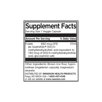 Swanson Folate 5-метилтетрахидрофолиева киселина Биоактивна форма х 30 веге капсули