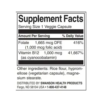 Swanson Folic Acid & B12 Енергийна подкрепа х 30 веге капсули