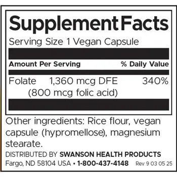 Swanson Folic Acid Фолиева киселина 800 мкг х 250 капсули