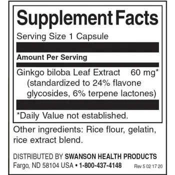 Swanson Ginkgo Biloba стандартизиран екстракт В подкрепа на когнитивната функция х 120 веге капсули