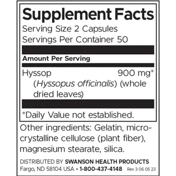 Swanson Исоп (Hyssop) Традиционна подкрепа за детоксикация х 100 капсули