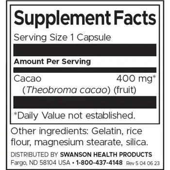 Swanson Full Spectrum Cacao (Raw Cocoa) Сурово какао за енергия и настроение х 60 капсули