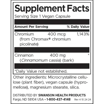 Swanson Cinnamon & Chromium Канела и Хром за кръвна захар и метаболизъм х 60 веге капсули