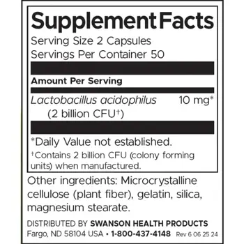 Swanson Lactobacillus Acidophilus Подкрепа за храносмилането и имунитета х 100 капсули