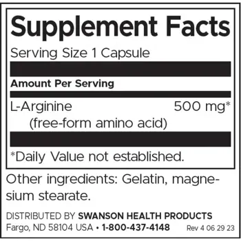 Swanson L-Arginine 500 mg За енергия и сърдечно-съдова подкрепа х 200 капсули