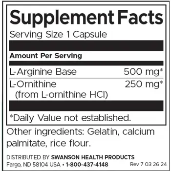 Swanson L-Arginine & L-Ornithine За мускулен растеж и възстановяване х 100 капсули