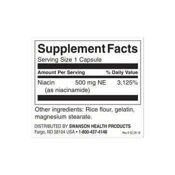 Swanson Niacinamide 500 мг за енергия и сърдечно-съдова подкрепа