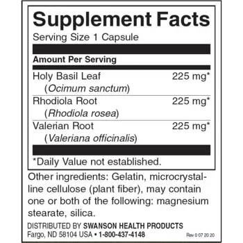 Swanson Rhodiola, Holy Basil, Valerian Stress Complex Билков комплекс за борба със стреса х 180 капсули