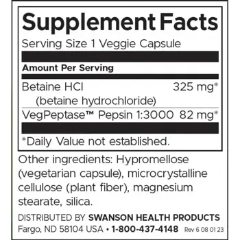 Swanson Betaine HCl Hydrochloric Acid With VegPeptase™ Pepsin За подпомагане на храносмилането х 250 капсули