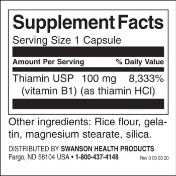 Swanson Vitamin B1 Thiamin 100 мг за енергиен метаболизъм и нервна система х 250 капсули