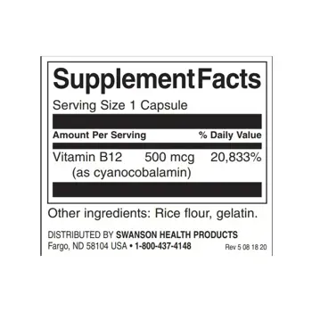 Swanson Vitamin B12 Cyanocobalamin 500 мкг за енергия и метаболизъм х 250 капсули