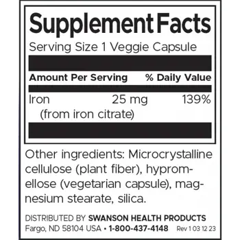 Swanson Iron Citrate Железен Цитрат 25 мг х 60 веге капсули