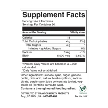 Swanson Biotin Gummies Blueberry 5000 мкг Биотин Дъвчащи Таблетки с Вкус на Боровинки - 60 дъвчащи таблетки, 30 дози