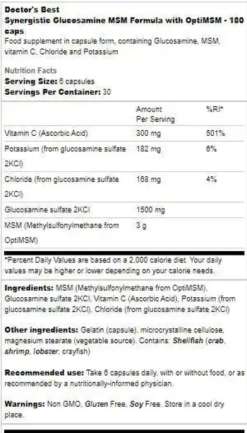 Doctor's Best Synergistic Glucosamine MSM Formula With OptiMSM За здрави стави и съединителна тъкан х 180 капсули