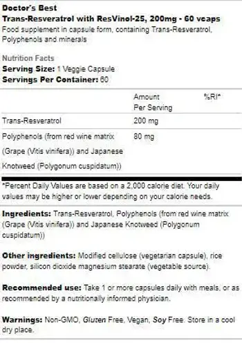 Doctor's Best Trans-Resveratrol 200 mg with ResVinol-25 Мощен антиоксидант