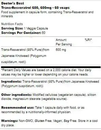 Doctor's Best Trans-Resveratrol 600 mg Мощен Антиоксидант за Дълголетие х 60 капсули