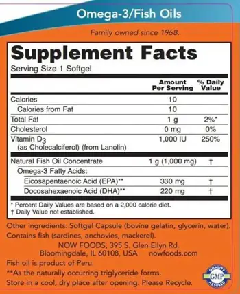 NOW Foods Tri-3D Omega Рибено масло Омега 3 с Витамин D3 - 90 гел капсули, 90 дози