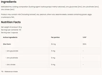 OstroVit Triple Zinc Gluconate + Picolinate + Citrate Цинк Комплекс - 90 капсули, 90 дози